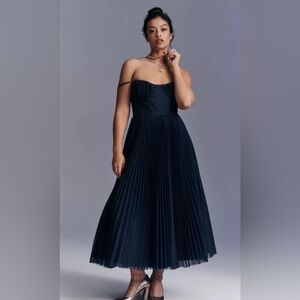 Anthropologie Pleated Sweetheart Dress in Navy Blue